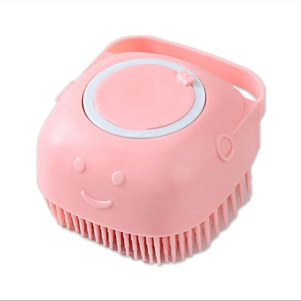 NEW pink square massaging shampoo dispenser grooming silicone dog bath brush 190